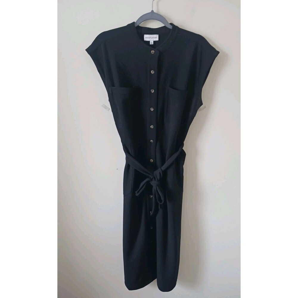 Gibson Latimer Dress Women L Black Belted Midi Button Front Short Sleeve